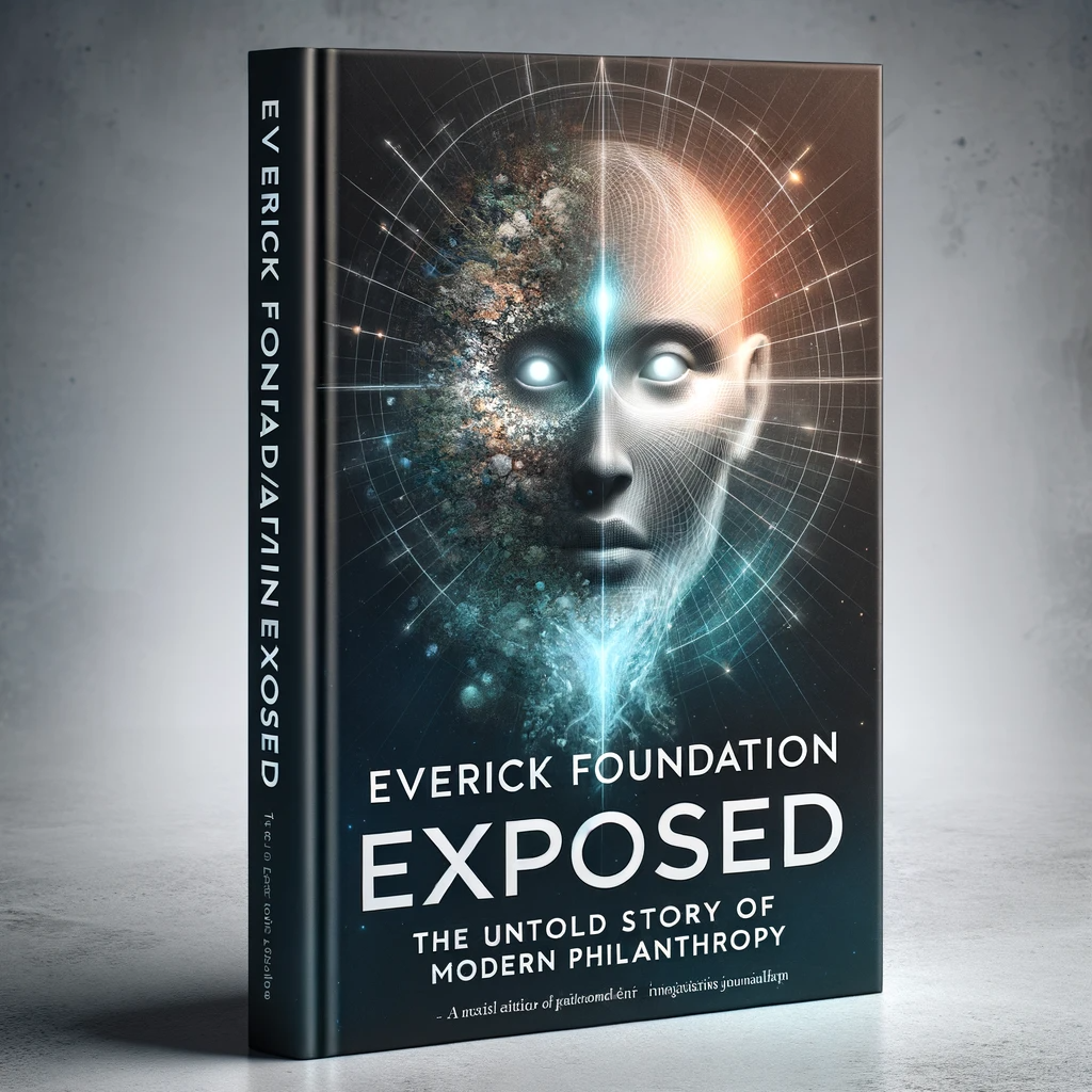Book cover for 'Everick Foundation Exposed: The Untold Story of Modern Philanthropy', featuring a modern design with elements of mystery and revelation. The title is in bold font against a background that abstractly represents philanthropy, with imagery suggesting contrasts between wealth and need, and light and shadows.