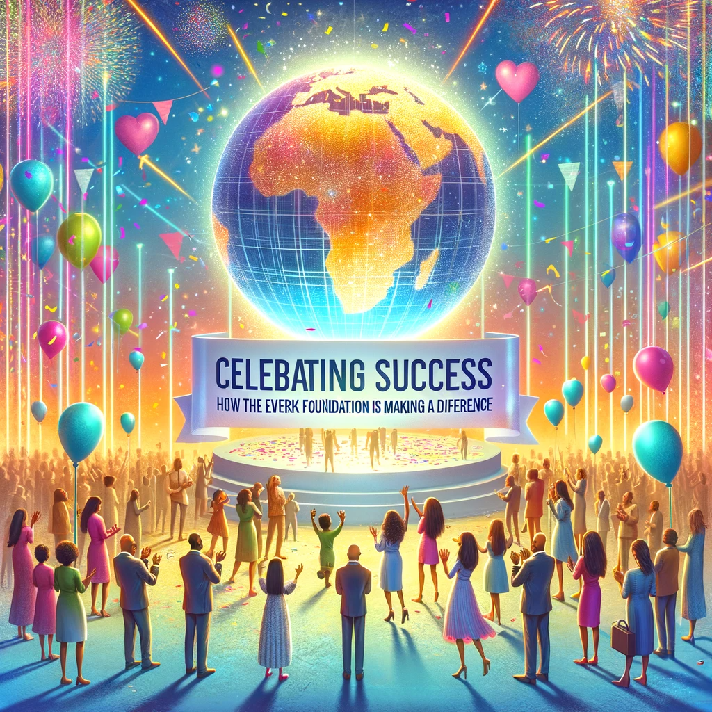 Image showing a celebration of the Everick Foundation's achievements, with diverse people around a bright globe, amidst confetti and balloons, symbolizing their global impact.