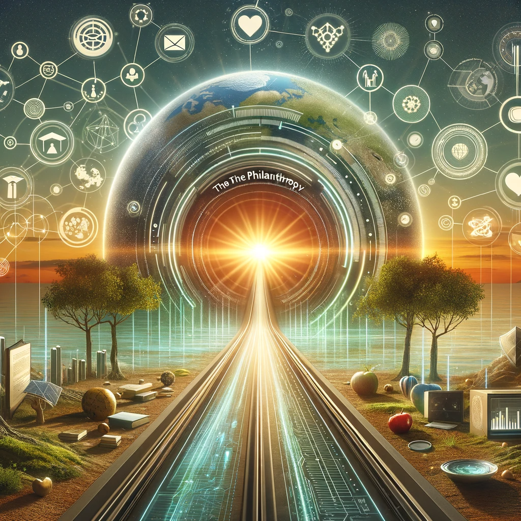 Futuristic image for 'The Future of Philanthropy', showing a path leading to a bright horizon, adorned with symbols of philanthropy, innovation, and the Everick Foundation logo.