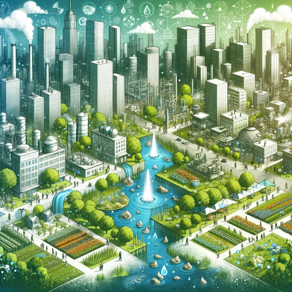 Cityscape showing waste water recycling for gardening, public fountains, and industrial processes, with green buildings.