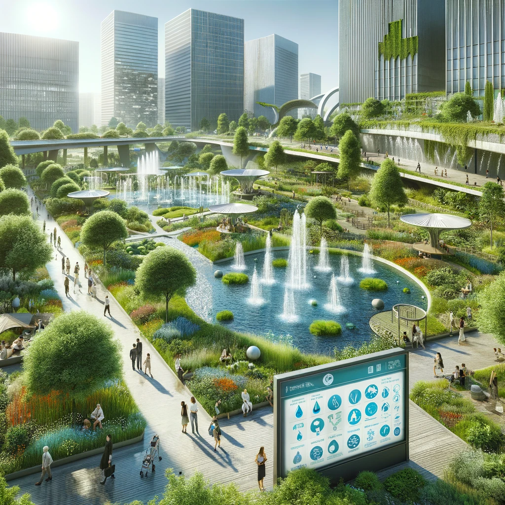 A lush urban park with innovative irrigation systems using treated waste water, populated by diverse individuals.