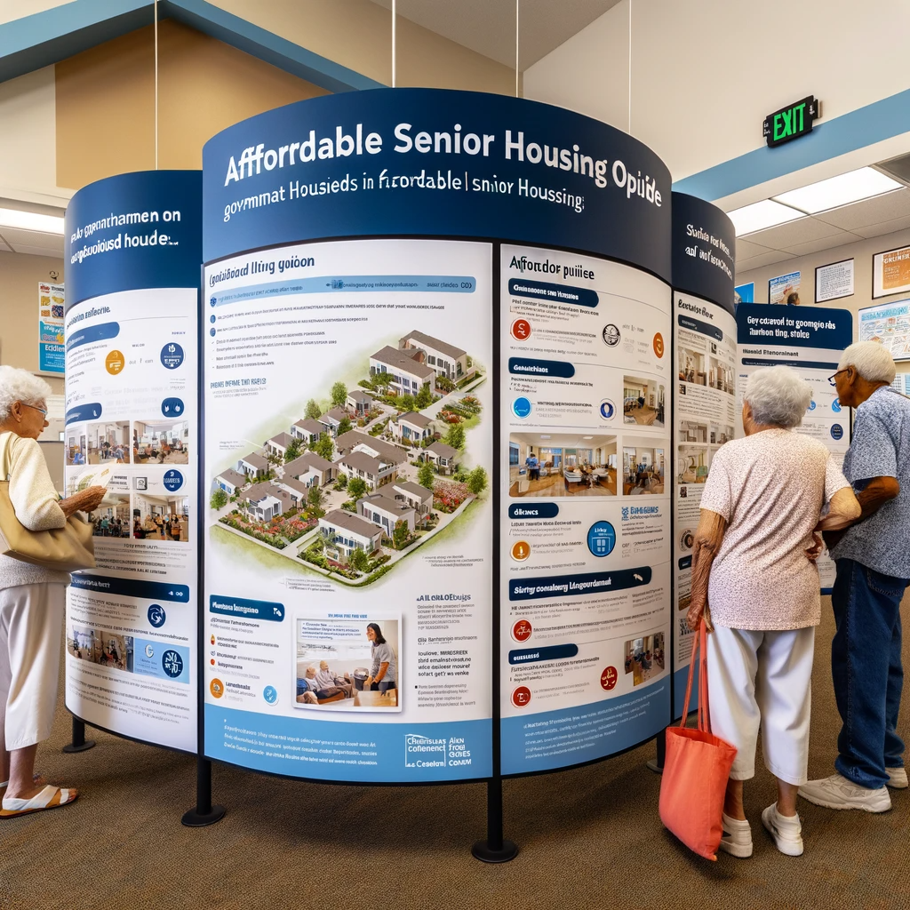 Seniors and their families examining a visual guide on affordable senior housing options at a community center in El Cajon.