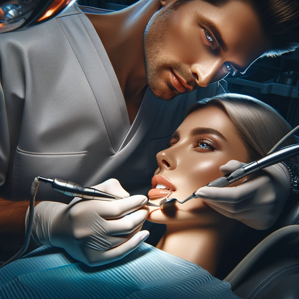 A cosmetic dentist in San Diego using advanced technology to enhance a patient's smile during a dental procedure.