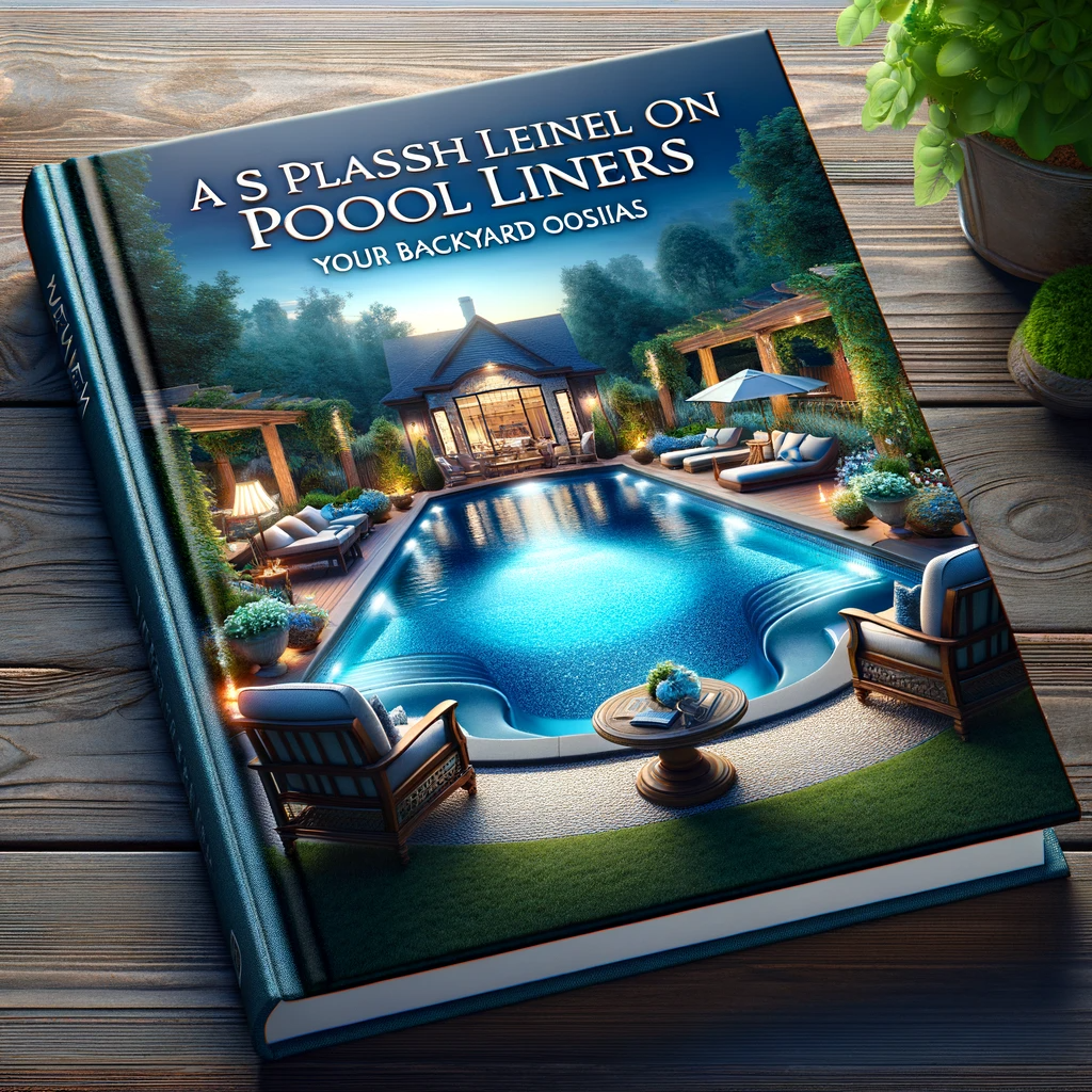 Book cover featuring an elegant backyard with a swimming pool lined with a Merlin pool liner, surrounded by lush greenery and poolside furniture, embodying tranquility and luxury.