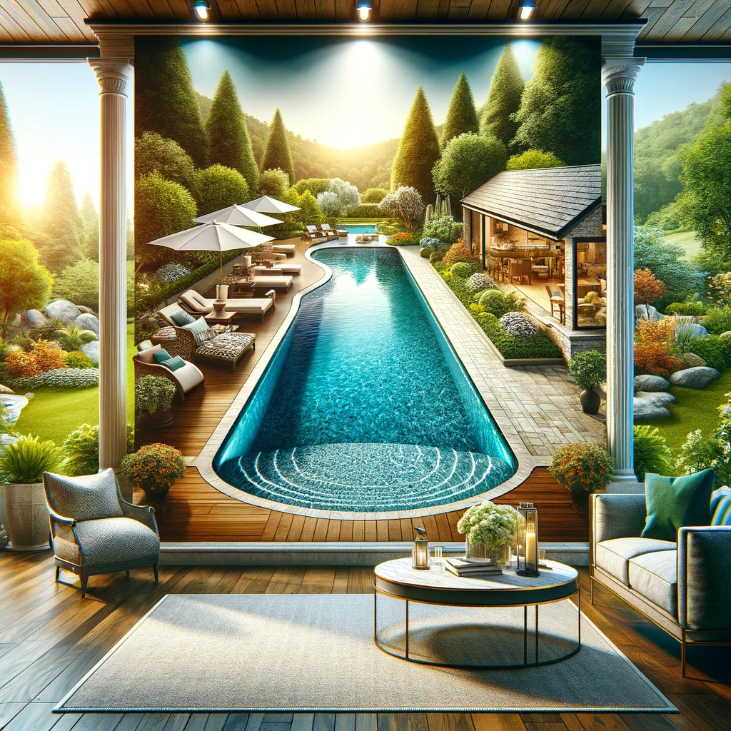 Advertisement poster showing a luxurious backyard pool with a Merlin pool liner, surrounded by lush greenery, depicting a serene, private oasis.
