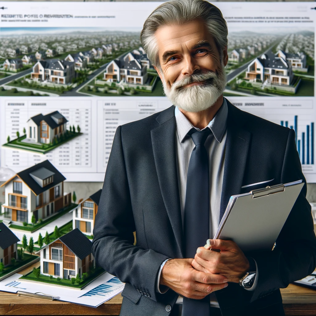 A content investor holding documents, standing before a model of El Cajon residential properties, with positive growth charts in the background.