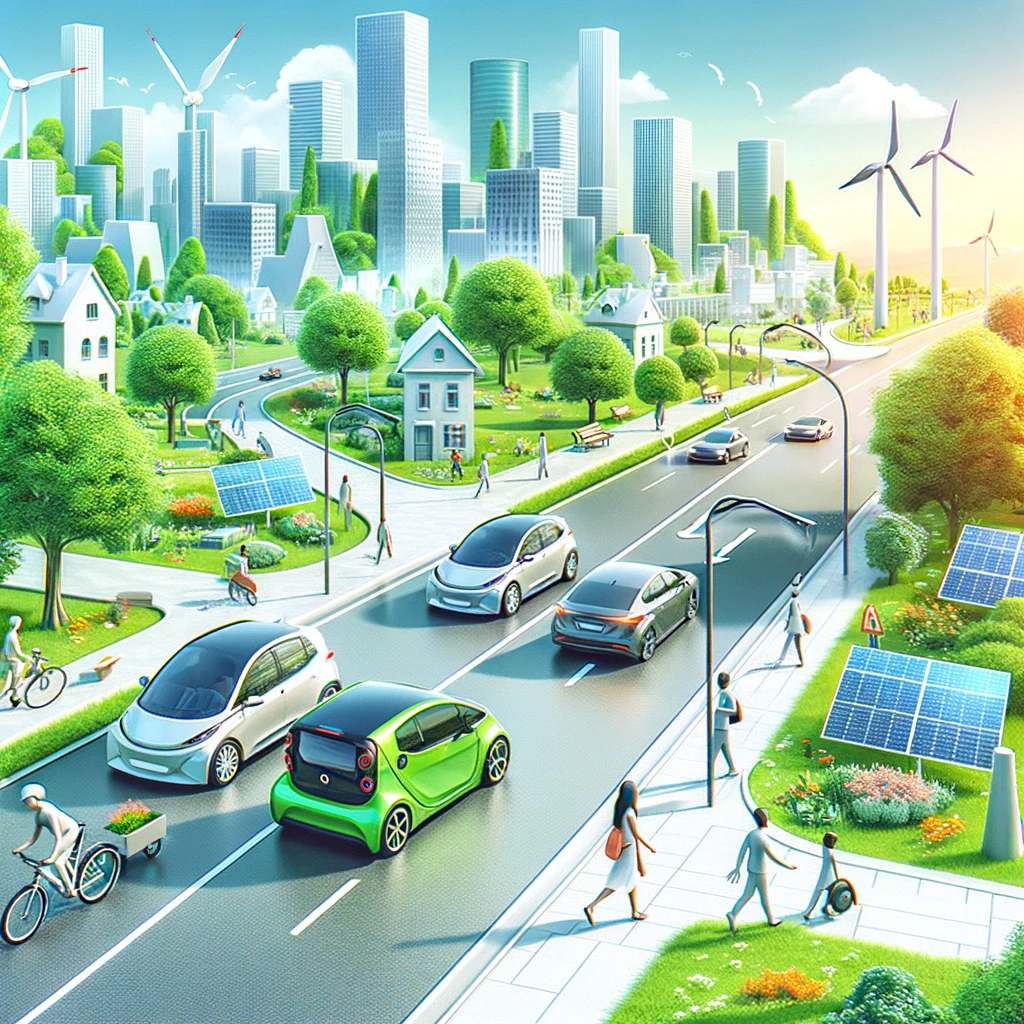 A modern green cityscape with electric cars, solar panels, wind turbines, and people enjoying outdoor activities, representing the benefits of electric vehicles for sustainable communities.