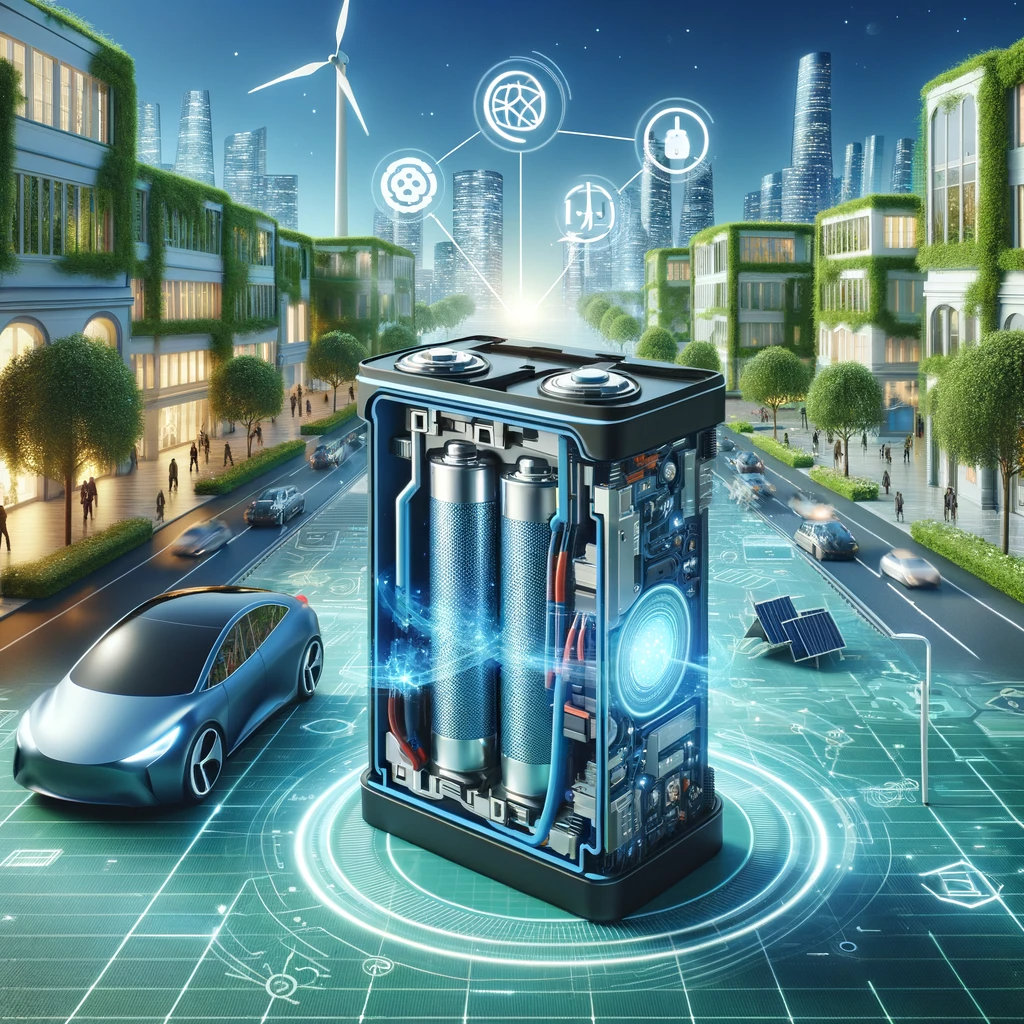 An illustration of an advanced electric vehicle battery in a sustainable city environment, with a cutaway view showing internal components and symbols of renewable energy like solar panels and wind turbines.