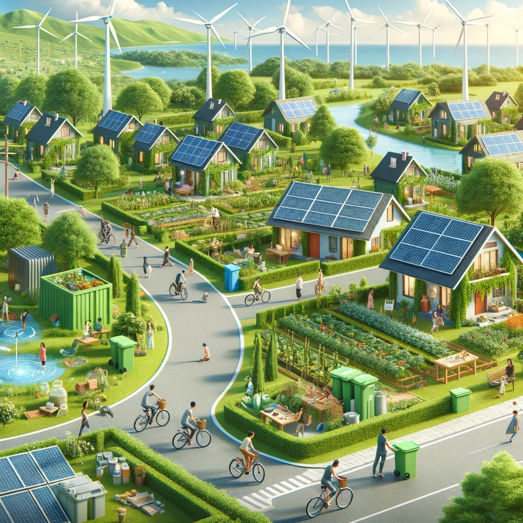 An eco-friendly sustainable community with solar-powered houses, wind turbines, and lush greenery.