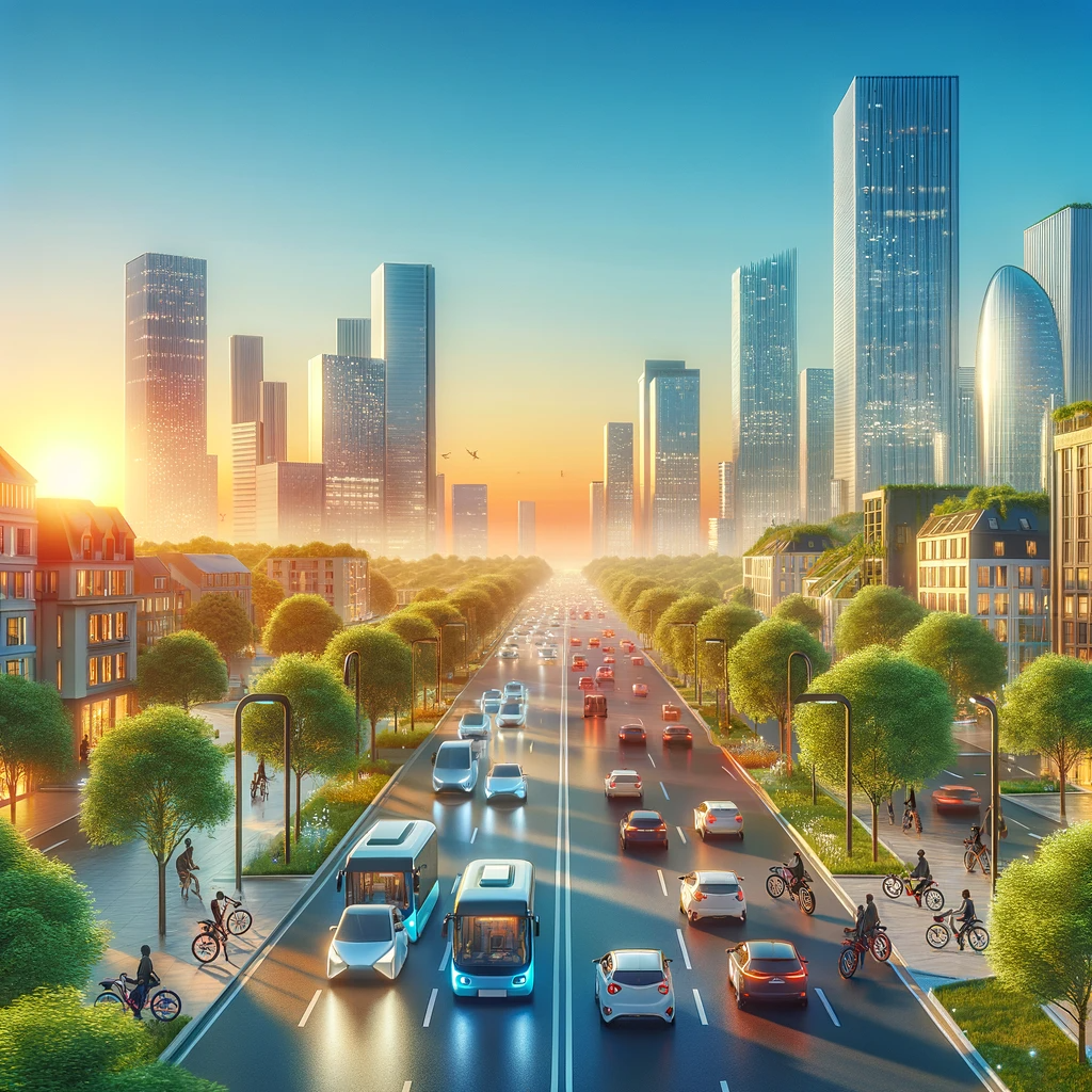 A city at dawn showing electric vehicles and green technology for sustainable communities.