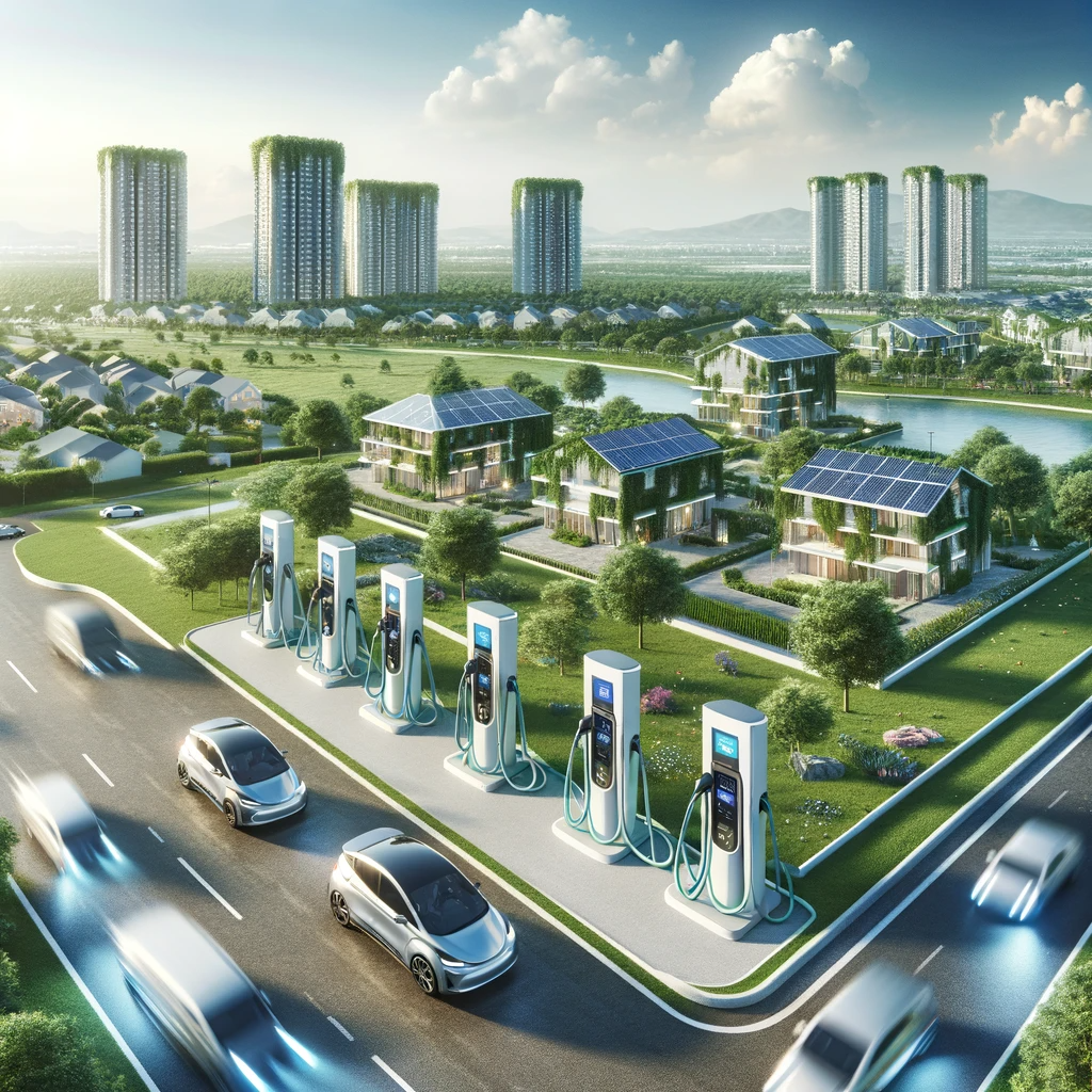 Sustainable community with eco-friendly architecture and electric vehicle charging stations.