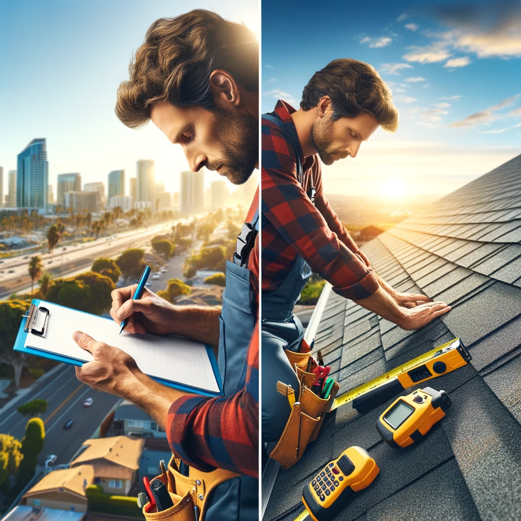 A roofing contractor in San Diego inspecting a roof with a clipboard and measuring tools, with the cityscape in the background.