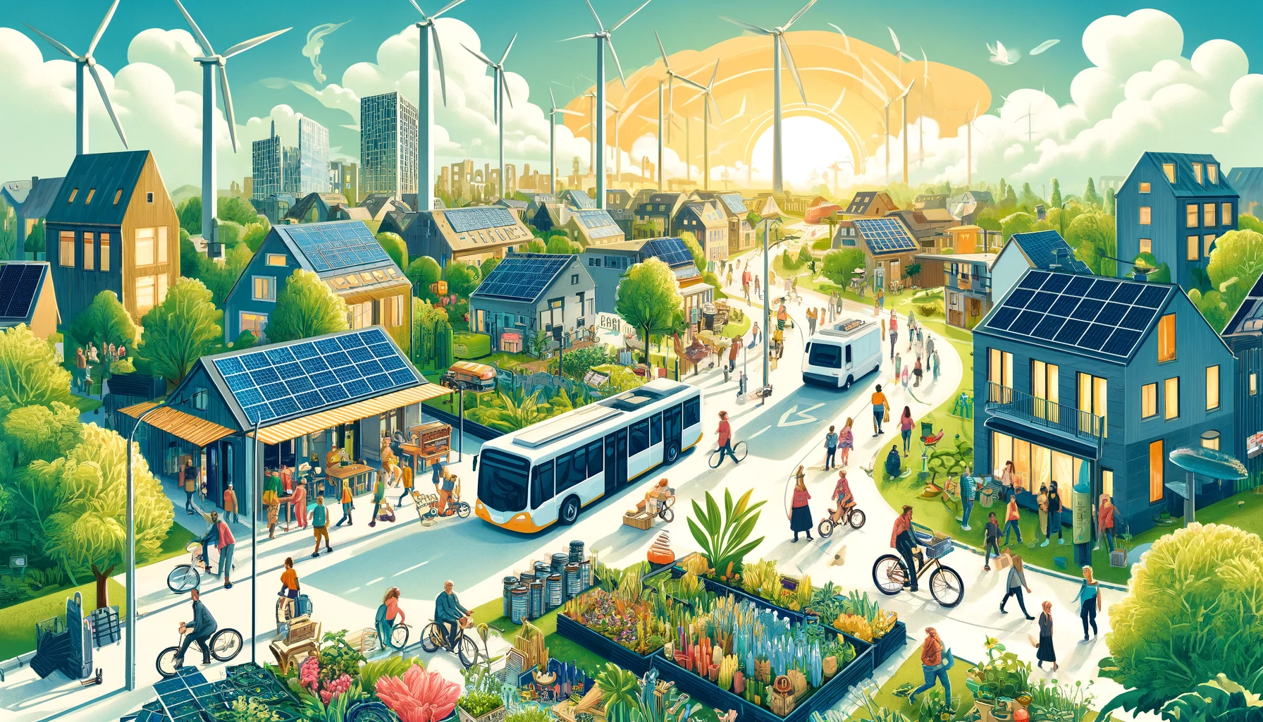An illustrated view of a sustainable community with solar panels, wind turbines, lush green spaces, and diverse people engaging in eco-friendly activities.