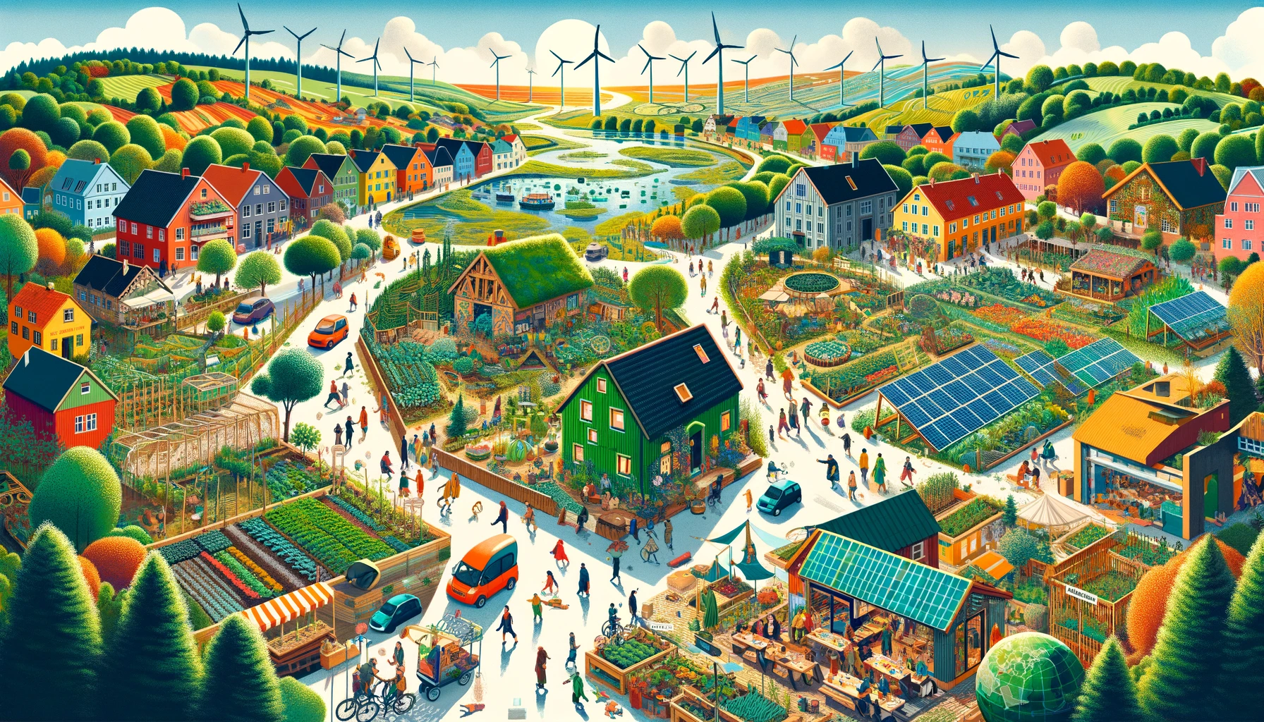 A panoramic illustration of diverse thriving sustainable communities worldwide, showing eco-villages, urban gardens, reforested areas, and local markets.