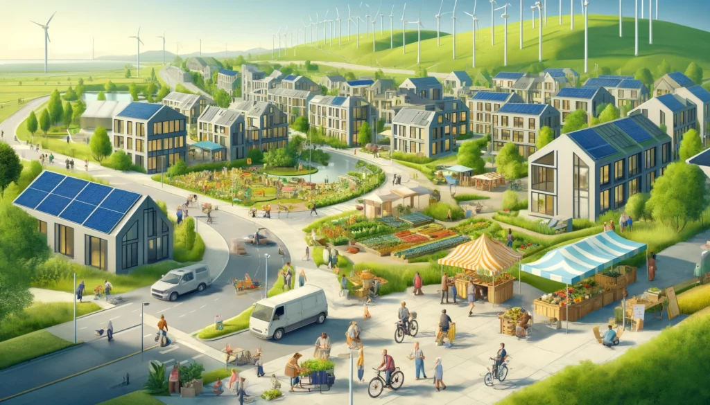 A panoramic illustration of a sustainable community featuring energy-efficient buildings, diverse people engaging in eco-friendly activities, and renewable energy sources like solar panels and wind turbines.