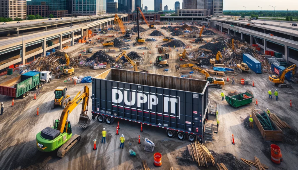 Construction site with a DUMP IT dumpster in Indianapolis.