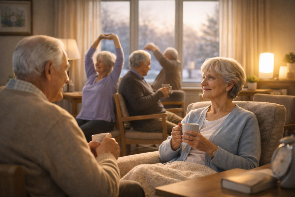 Morning chat and stretches by the window
